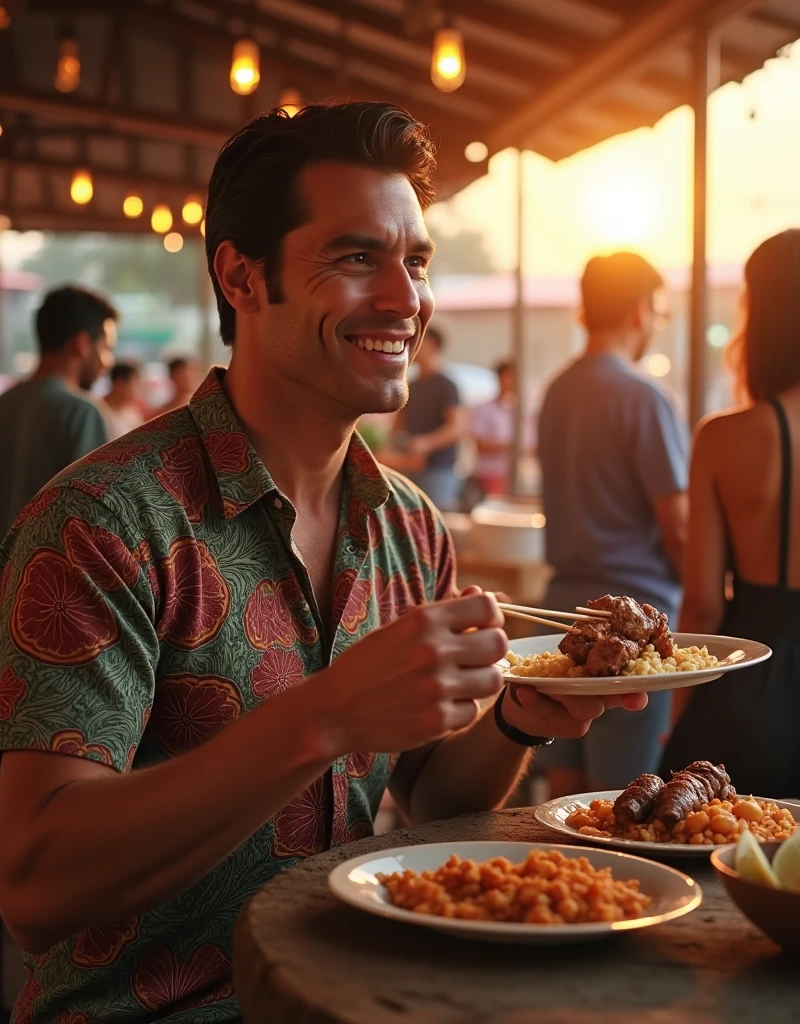Nice and friendly [Clark Kent:Henry Cavill:0.1] wears batik, he orders lamb satay at Indonesian street food market place at late afternoon with beautiful sunset