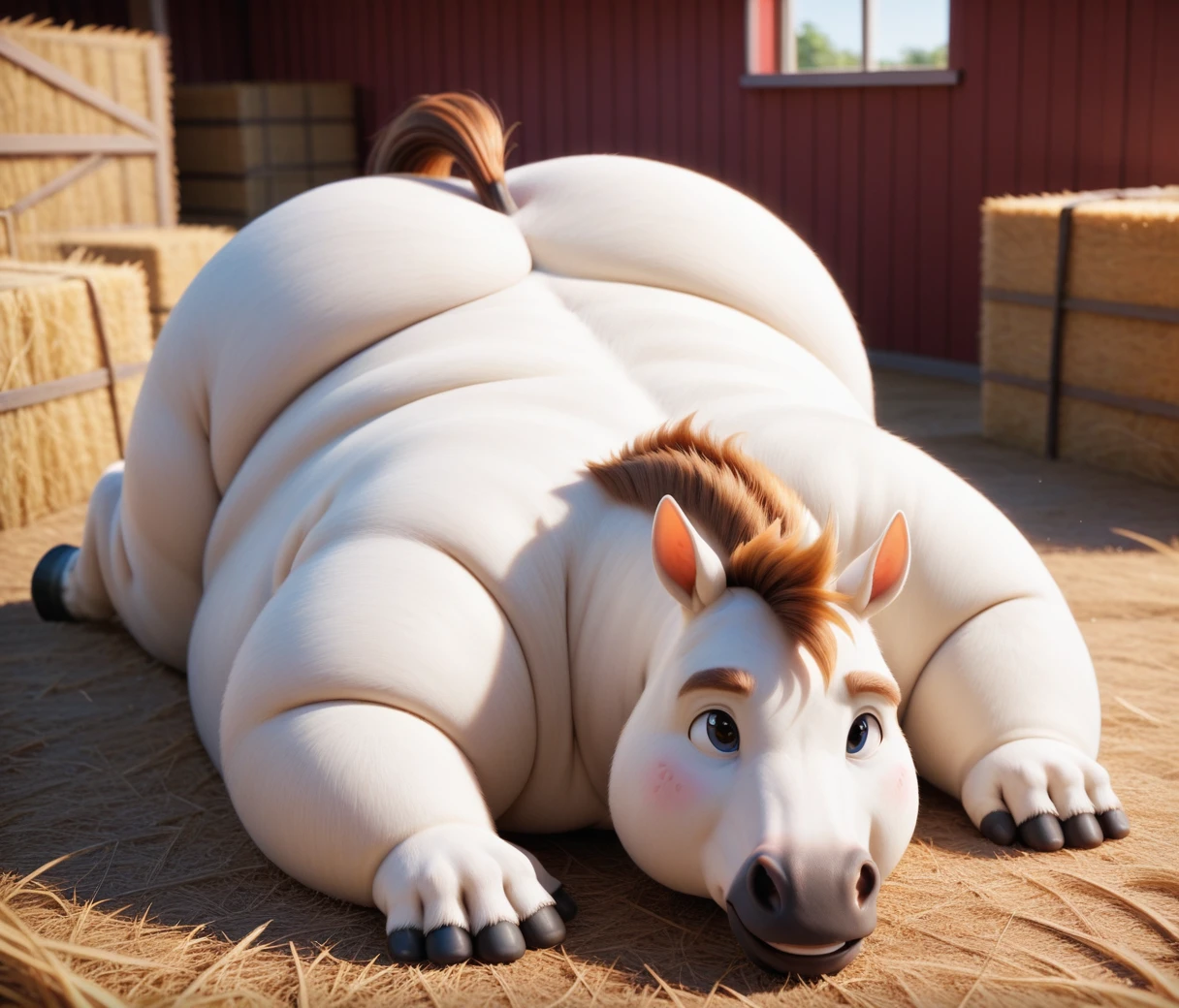 (cute, fat, obese, anthro, male, horse), pam-swtvrld, lying on the floor, back raised, full body, nude, barn, hires textures, highly detailed, intricate details, best quality, masterpiece, detailxl, zPDXL2