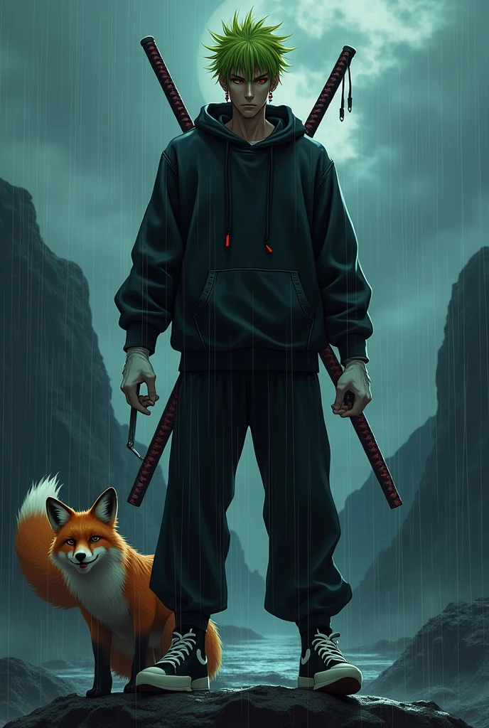 Man with green hair and yellow tips and red eyes with 2 katanas, with a black hoodie and soft black pants with white gloves, dark skin tone, but of course, with a psychopathic look, with black and white tennis shoes and 2 small knives, with a fox, with red earrings, animated style, standing posture, on a mountain at night raining