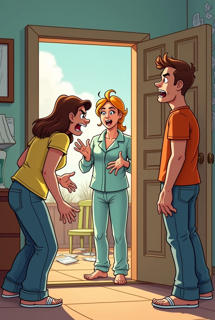 A man brings his friend to his house where his wife in pajamas shouting at him and the house is bit mess funny cartoon