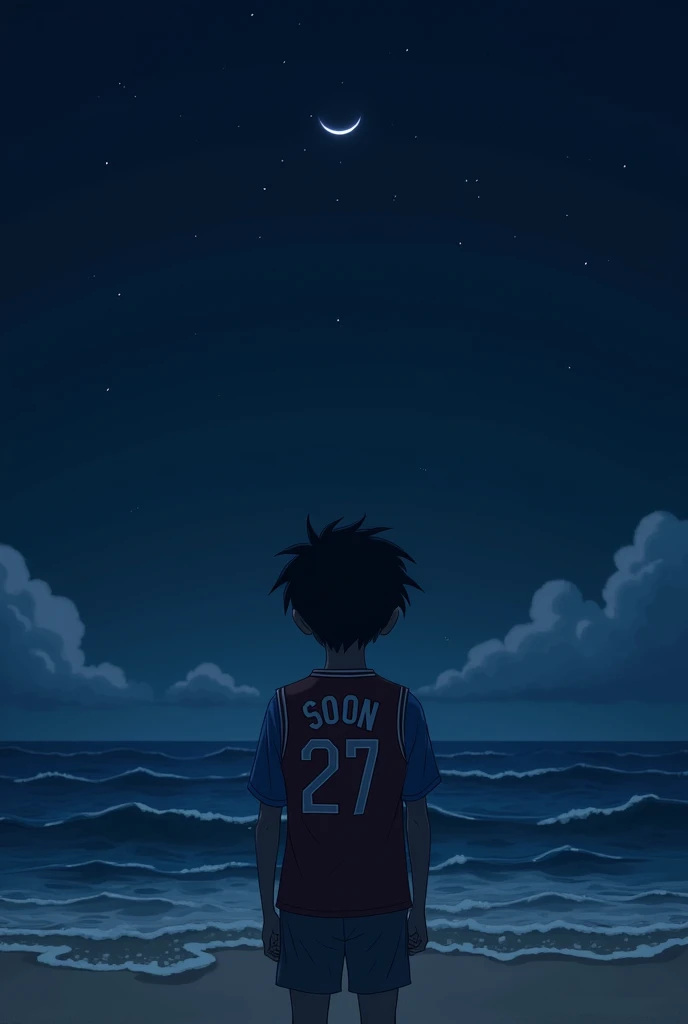 a boy facing back wearing a jersey named SOON and number 27 and the scene in front of him is the beach at night