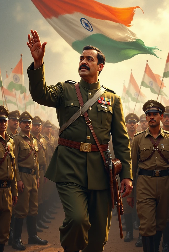 Subhas Chandra Bose and the Indian National Army:** A dynamic scene of Subhas Chandra Bose addressing soldiers of the Indian National Army, with soldiers standing at attention, showing determination and resolve.
