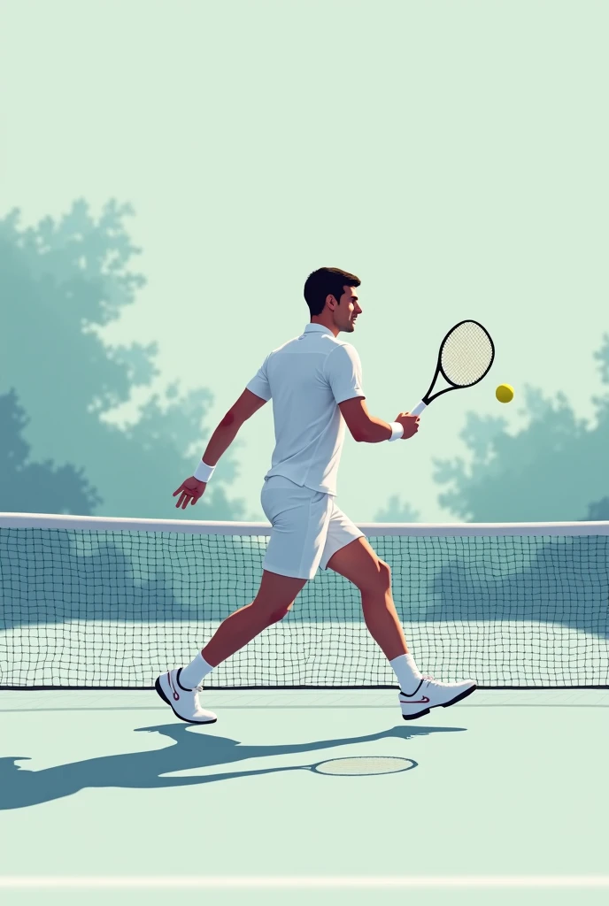 Minimalist square-sized image of Novak Djokovic with Novak Djokovic&#39;s English phrase: “THE WINNER IS THE ONE WHO BELIEVES IN THE VICTORY MORE”and that he is playing a game. In the background a tennis court., with soft and pretty colors. It is important that Novak and the phrase are the protagonists of the image.. Add the phrase I told you