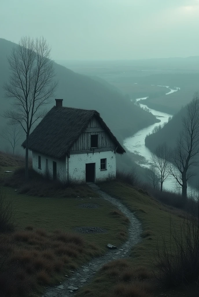 Ukrainian old hut with white walls and thatched roof, stands on a small hill, far from the hill there is a ravine, a river flows along the bottom of the ravine, behind the house there are 2 sheds, Kitchen Garden, USA, field, everything is in a dark gothic style 
