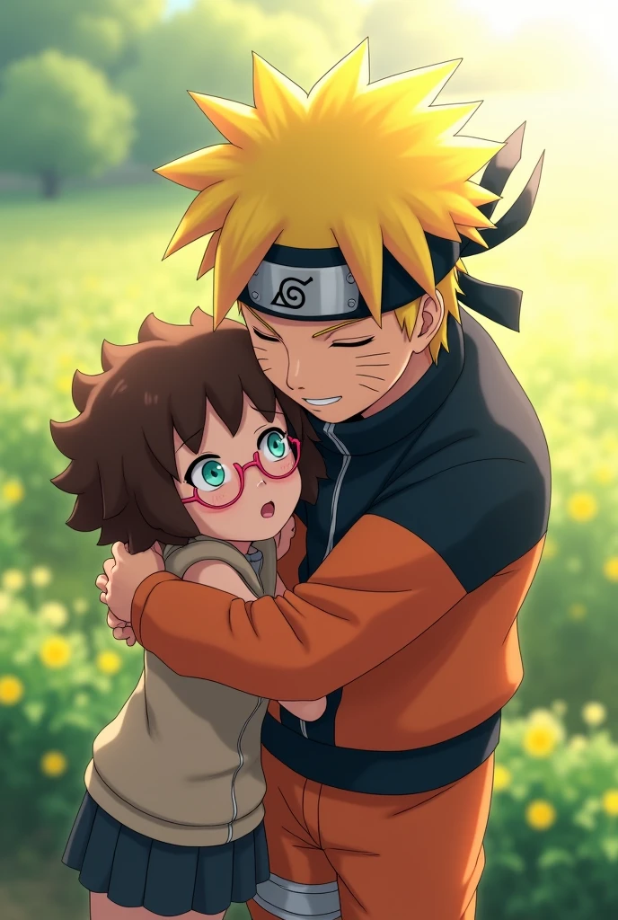 Naruto and a short white girl with glasses, short curly hair, a small waist and round pink glasses and Sasuke hugging her from behind
