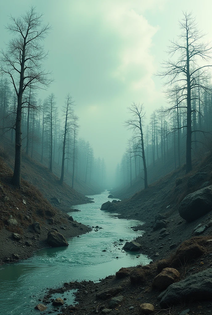 Image of a polluted natural environment, with titanium residue visible in a devastated area, like a polluted river and dead trees. The scene reflects the severity of the pollution caused by the company