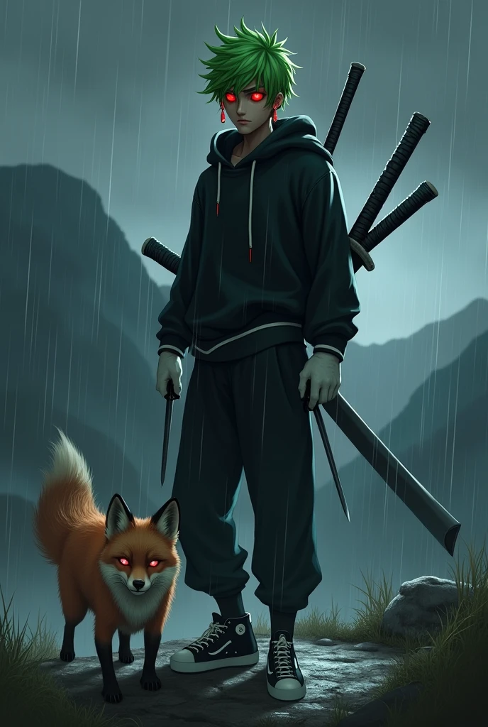 Man with green hair and yellow tips and red eyes with 2 katanas, with a black hoodie and soft black pants with white gloves, dark skin tone, but of course, with a psychopathic look, with black and white tennis shoes and 2 small knives, with a fox, with red earrings, animated style, standing posture, on a mountain at night raining
