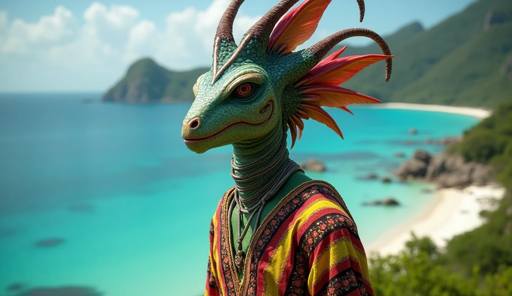Seychelles as a paradisiac island african League of Legend creature in stripped blue, yellow, red, white and green colors. Intricated clothing. Cinematic Fantasy sci-fi landscape background