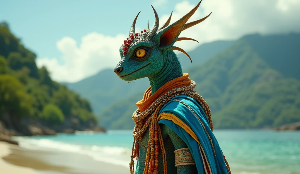 Seychelles as a paradisiac island african League of Legend creature in stripped blue, yellow, red, white and green colors. Intricated clothing. Cinematic Fantasy sci-fi landscape background