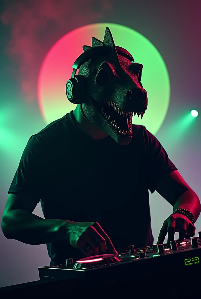 Create a minimalist logo A simple design showing the silhouette of a man wearing a dinosaur mask, like a T-Rex,  wearing headphones while standing behind a DJ table. You can use vibrant colors like neon green, black and white Make sure the character&#39;s pose conveys energy and dynamism, as if I were in the middle of a performance. Use a bright and colorful background that represents the energy of an electronic music event. This may include neon lights or abstract patterns..