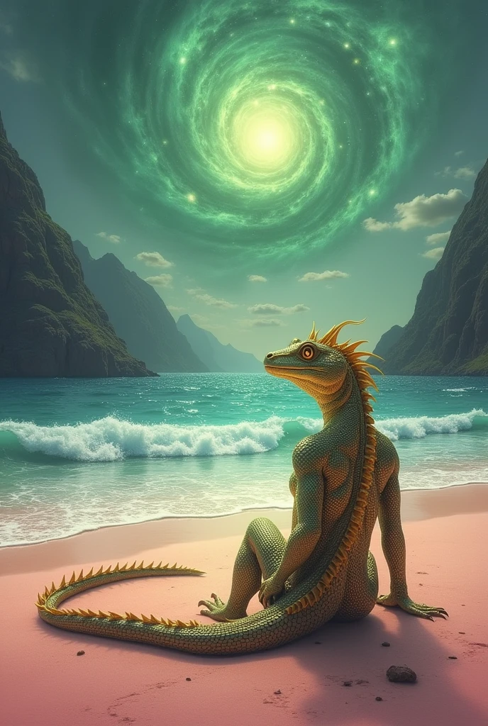 Female reptilian with golden scales watches the waves of the sea. Pink sand beach and sharp dark mountains.
The sky with a green nebula
