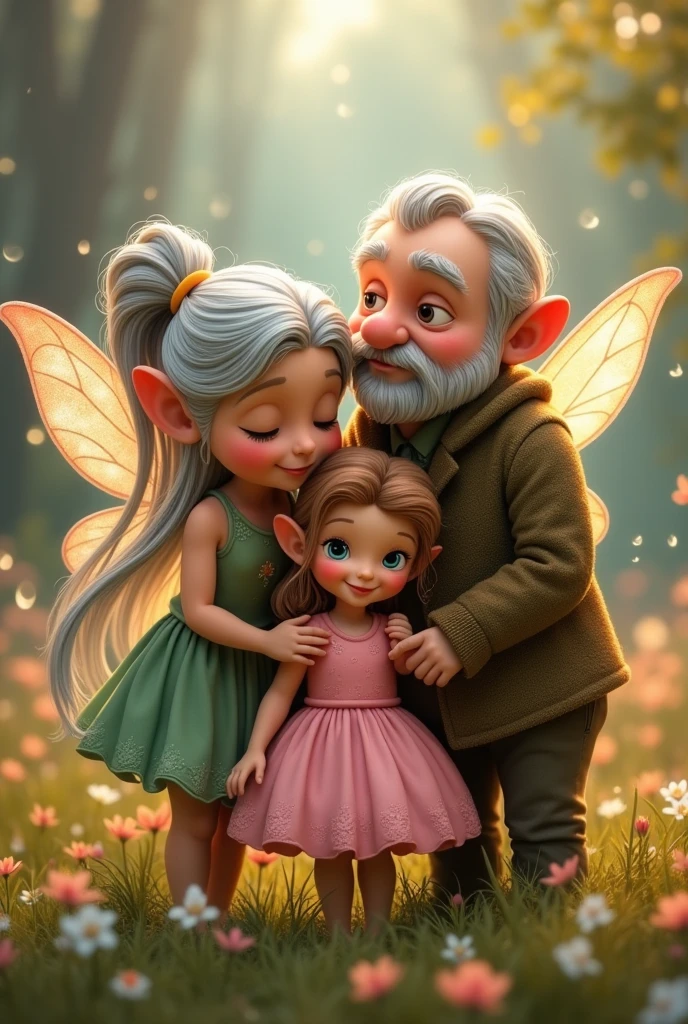 A fairy grandmother with grey hair and a fairy grandfather with his fairy granddaughter in a pink dress and light brown Disney-style hair