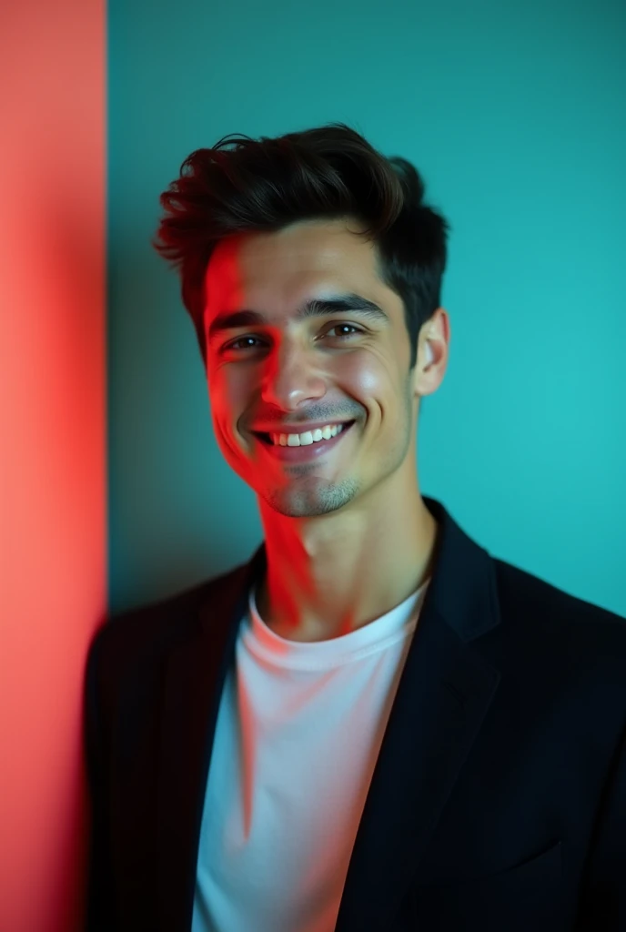 A young Man With Dark hair and a confident smile He is Dressed in a black blazer over a white shirt The man is positioned against aqua colour backdrop with a subtle red lighting on the left side and he posing for linkedin profile