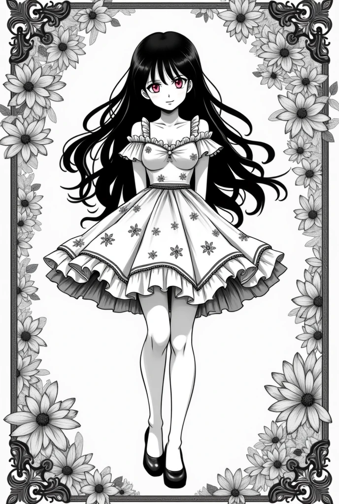 Black and white stick figure 1 girl with flowers, lots of flowers in background, in dress with flowers, its fine ink line art, comic style, ((Nezuko Komado from Kimetsu No Yaiba)), black hair, pink eyes, Hollywood glam, beautiful line art, black and white comic style, manga style, manga art style, standing, contrapposto, thigh highs, illustrative drawing, black and white coloring, ornate border, cleavage, arms behind back,