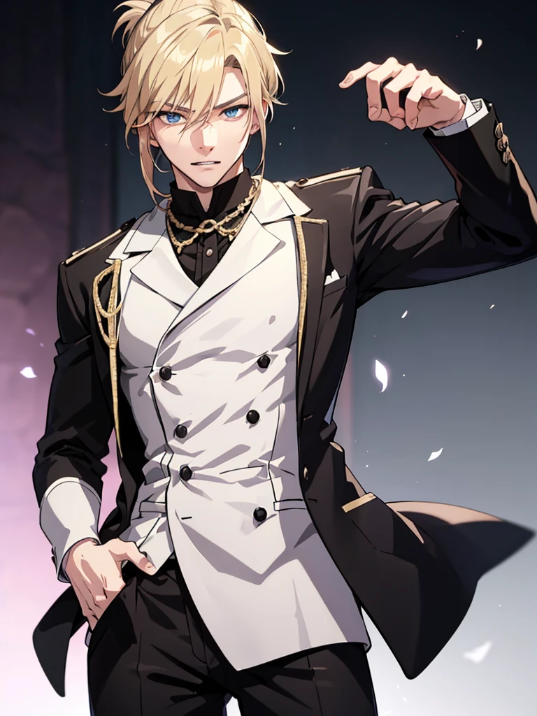 Anime attractive man, 20 year old, blonde hair, very very short ponytail, tall, muscular, black suit, silver lining, formal clothes, solo, one person, high resolution, high quality, masterpiece, masculine face, smirk, Rolled up sleeves