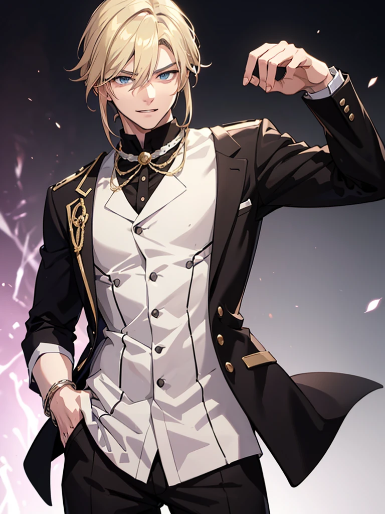 Anime attractive man, 20 year old, blonde hair, very very short ponytail, tall, muscular, black suit, silver lining, formal clothes, solo, one person, high resolution, high quality, masterpiece, masculine face, smirk, Rolled up sleeves