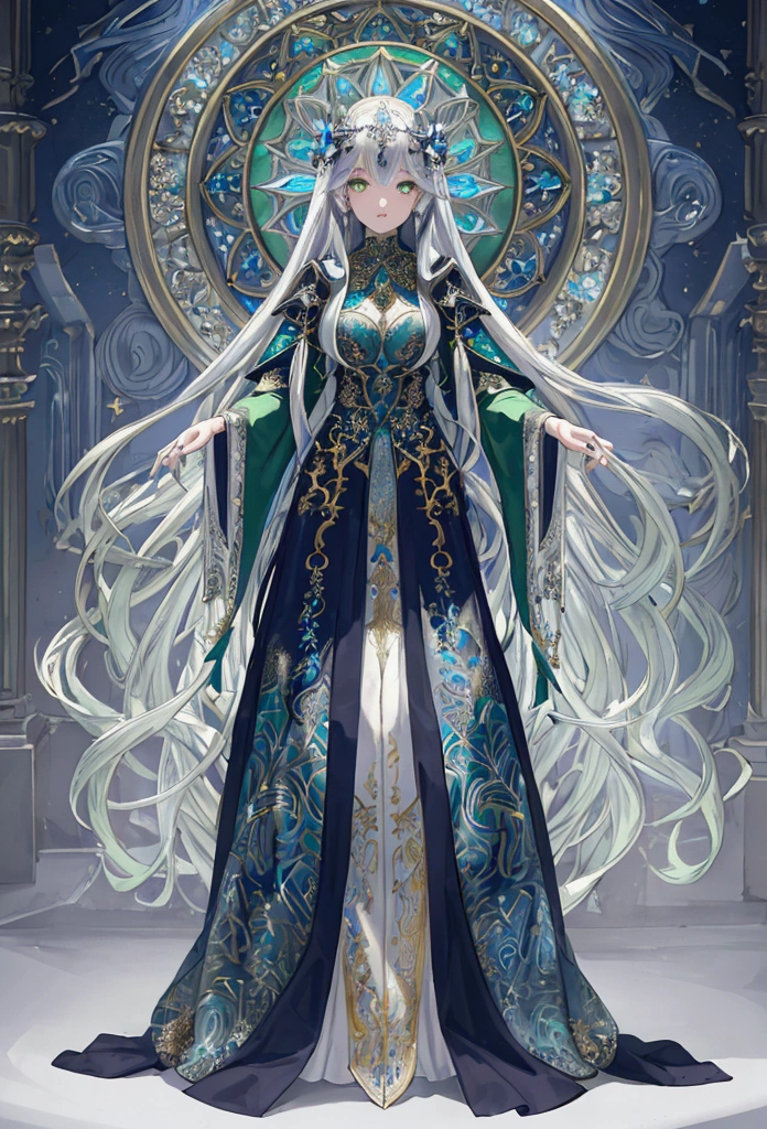 (((masterpiece, best quality, high detailed, 16k))) (1girl) A stunningly elegant young mage with long flowing silver hair and captivating green eyes. She wears intricately detailed robes in shades of deep blue and silver, adorned with mystical runes and symbols. She holds a beautifully crafted staff with a glowing crystal at the top. ((full body view))