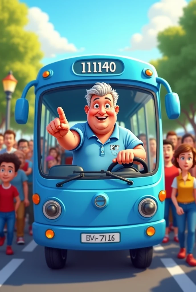 Cartoon de Um homem, looking 50 years old, 79 kilos, in a light blue polo shirt, on the shirt it says MT, The man is in the middle of a crowd driving a blue bus and pointing forward. . The bus has the number 11140.