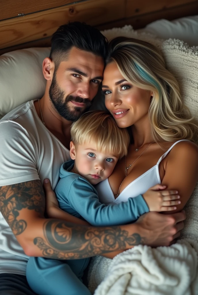 vivid, hd, zoomed out,pillows and blankets, handsome Caucasian man with jet black hair with skin  fade, short black beard, tattoos, blue eyes, athletic build, muscle shirt, smiling while embracing a gorgeous Caucasian woman, long blonde hair with blue ends, blue eyes, embracing an  boy, blonde hair, big blue eyes, blue sleeper