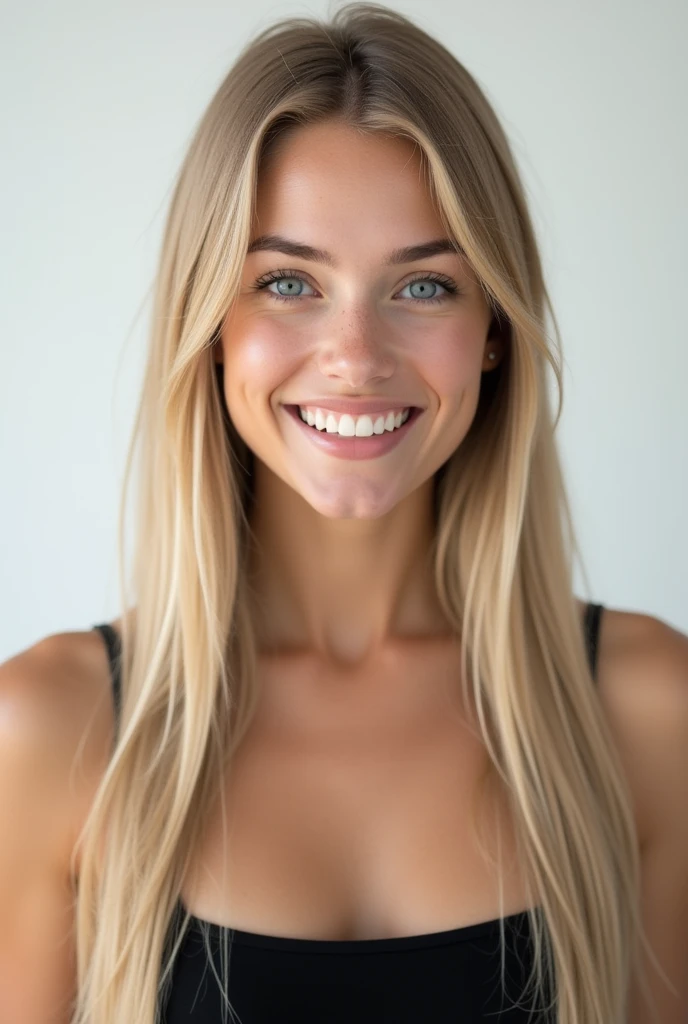 Belle fille de 20 ans, realistic, long hair, blond clair, blue eye, souriante, dent blanche, smooth hair, très realistic, cheveux très très plat, robe noir, chaussettes grises, sur fond png, mega realiste