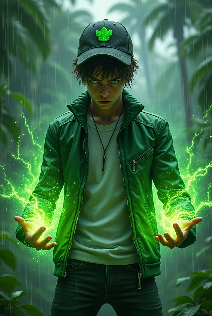 a man real age age . 19 Malaysia Indonesia(green eyes) Glowing green eyes . Anger face. Open mouth. . wearing an (Green white black )zippedshirt, (green black white) cap with small logo (leaf) logo. anger face . Dramatic.r(Green white blackpant,, detailed face, cinematic lighting, dramatic atmosphere,.hot day. vibrant colors, 8k, high quality, photorealistic. Hero suit. Came out torn leave from his hand. Glowing torn leave plant element from hand. Torn plant leave everywhere . Glowing hand magic light green , leave logo logo design . Very strong. Future design dress. Very epic Rainy day background.. dark sky. Very strong. very strong . frosting leaf everywhere..green magical glow thorn trees spread everywhere from hand . At big three. Rain forest background . Floating torn leave everywhere. thorn trees spread everywhere.