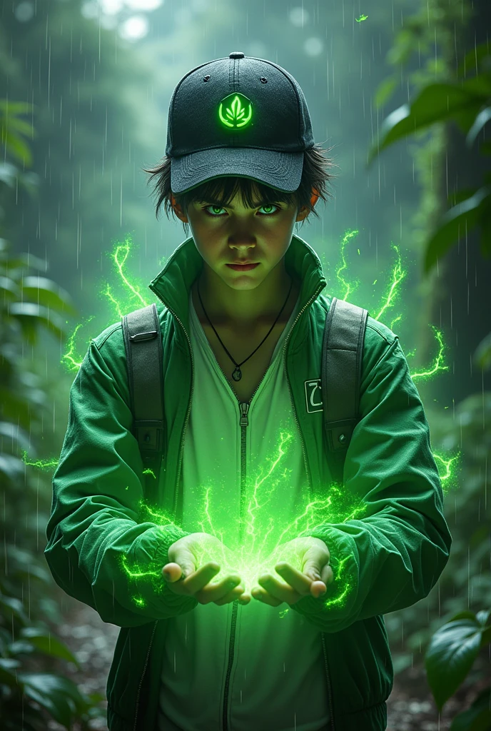   a man real teenage age . 19 Malaysia Indonesia(green eyes) Glowing green eyes . Anger face. Open mouth. . wearing an (Green white black )zippedshirt, (green black white) cap with small logo (leaf) logo. anger face . Dramatic.r(Green white blackpant,, detailed face, cinematic lighting, dramatic atmosphere,.hot day. vibrant colors, 8k, high quality, photorealistic. Hero suit. Came out torn leave from his hand. Glowing torn leave plant element from hand. Torn plant leave everywhere . Glowing hand magic light green , leave logo logo design . Very strong. Future design dress. Very epic Rainy day background.. dark sky. Very strong. very strong . frosting leaf everywhere..green magical glow thorn trees spread everywhere from hand . At big three. Rain forest background . Floating torn leave everywhere. thorn trees spread everywhere.