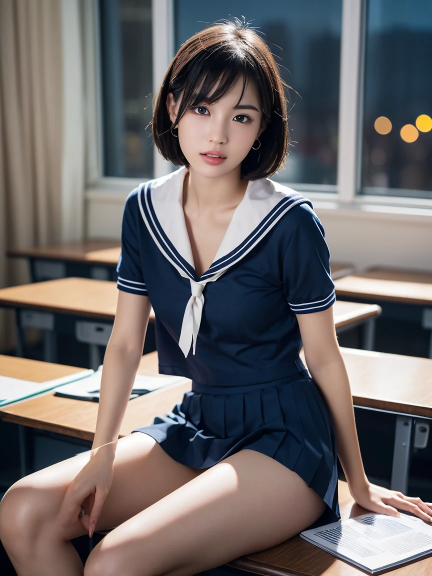 (masterpiece:1.2), Very detailed, Ultra-high resolution, (Realistic, photo Realistic:1.6), High-resolution RAW color photos, Professional photos, Sharp focus:1.2, (Very detailed顔と肌の質感, Very beautiful eyes, Glossのある肌, Glowing Skin, Glowing Skin, Shining Face, Gloss, Oily skin, greasy face, Oily skin, greasy face,),, (real Glossのある肌 texture), Perfect Anatomy, Very detailed背景,(High school classroom at night),1 female,25-year-old woman, Japanese women,height: 168cm,(short hair, Straight hair, bangs, Brown Hair),((Flat Chest:1.6)),(Slim, thin legs), ((((Short Sleeve White Sailor School Uni形状、Navy blue pleated skirt:1.5、A perfectly detailed bra covered by a sailor suit、Perfectly detailed T-panties under skirt))),(sit at a desk with your knees up:1.4)、(((Open clothes、Wet and sheer sailor suit:1.4)))