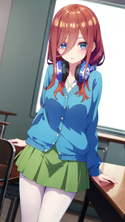 score_9, score_8_up, score_7_up, source_anime, mikunakano, miku nakano, long hair, bangs, blue eyes, brown hair, shirt, hair between eyes, headphones, cardigan, headphones around neck, skirt, shirt, long sleeves, white shirt, pantyhose, pleated skirt, black pantyhose, cardigan, green skirt, blue cardigan, indoors, classroom, looking at viewer, cowboy shot, dutch angle,