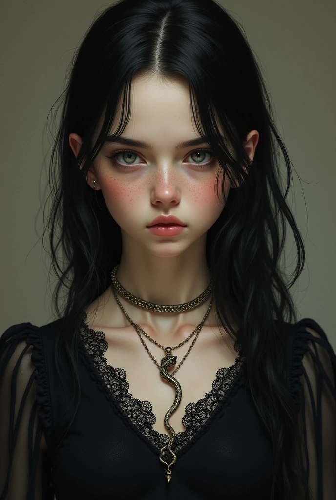 This image shows a portrait of a young girl with delicate features and a serious and intimidating expression.,  He has black hair , slightly wavy and loose cascading down , with some strands falling around her face. His skin is clear, with subtle freckles on the cheeks, and his very clear and penetrating gray eyes. She is dressed in a black blouse , lace with v-neckline, which gives it an elegant and antique touch. She wears a snake-shaped necklace around her neck. *drawing*