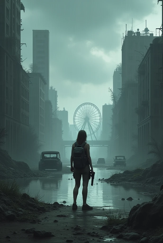 The image shows a post-apocalyptic scene in a desolate and ruined urban environment.. Spotlight, With your back to the viewer, There is a human figure, possibly a woman, dressed in survivor's clothing. He is carrying a backpack and holding a gun., suggesting that she is prepared for any danger in this devastated world.
The city that stretches out before her is in a state of abandonment. Tall, grey buildings are seen, some of which are partially collapsed or covered with vegetation. The sky is gloomy, covered in dark clouds, and it seems to be raining lightly, which adds a melancholic and tense atmosphere to the scene.
In the background, You can see two tall, cylindrical towers standing out on the horizon.. Among them, a ferris wheel appears, what could have been a symbol of entertainment and joy in times past, now abandoned and forgotten.
The land in front of the woman is flooded; Submerged vehicles and debris are seen floating in the water, indicating that the place has been severely affected by a natural disaster or infrastructure collapse.
In general, The image evokes a strong feeling of loneliness, danger and the fight for survival in a world that has fallen into chaos.