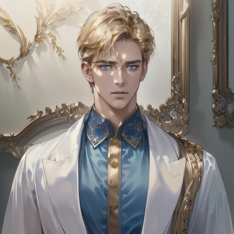 (best quality, masterpiece, 8 thousand, realistic, cinematic lighting, 1:4 HDR images, very detailed, beautiful photoature man, very handsome, ((cold expression)), short hair, blue eye, A perfect face without any mistakes, ((unbuttoning loose clothes)), (detail gold accessories on clothes)