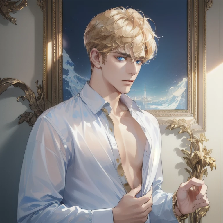 (best quality, masterpiece, 8 thousand, realistic, cinematic lighting, 1:4 HDR images, very detailed, beautiful photoature man, very handsome, ((cold expression)), short hair, blue eye, A perfect face without any mistakes, ((unbuttoning loose clothes)), (detail gold accessories on clothes)