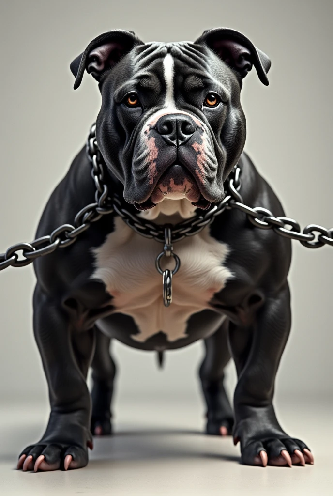 American bully dog, black tri merle color, pulling chains with the collar