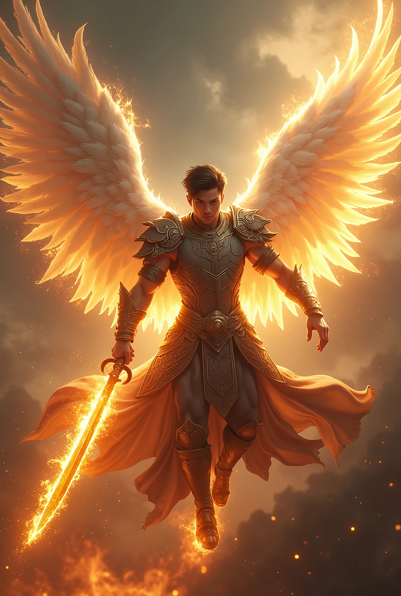 masterpiece, best quality, realistic, ultra detailed, movie poster style, dungeons and dragons character design, celestial, bruneian man with round face, muscular, stylish dark hair, radiant white angel wings, homoerotic heavy armor, flying mid-air, dramatic slashing with flaming sword towards camera, god rays, extremely dramatic lighting, perfect fingers, perfect hands, perfection