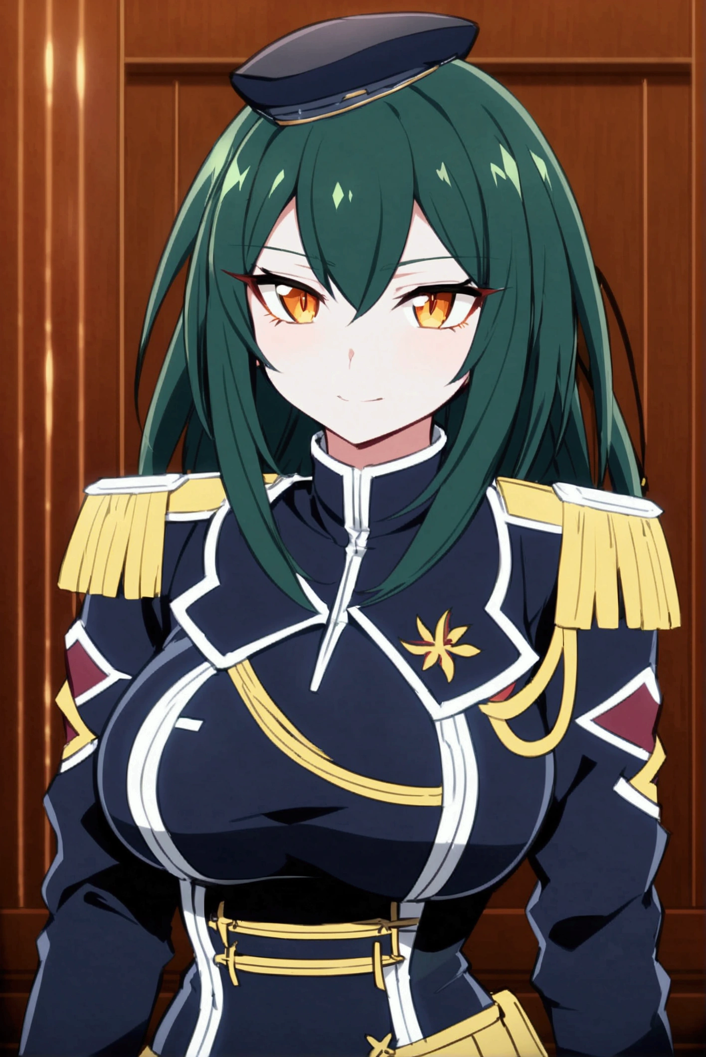 anime style woman, dark green hair, big breasts, with military suit