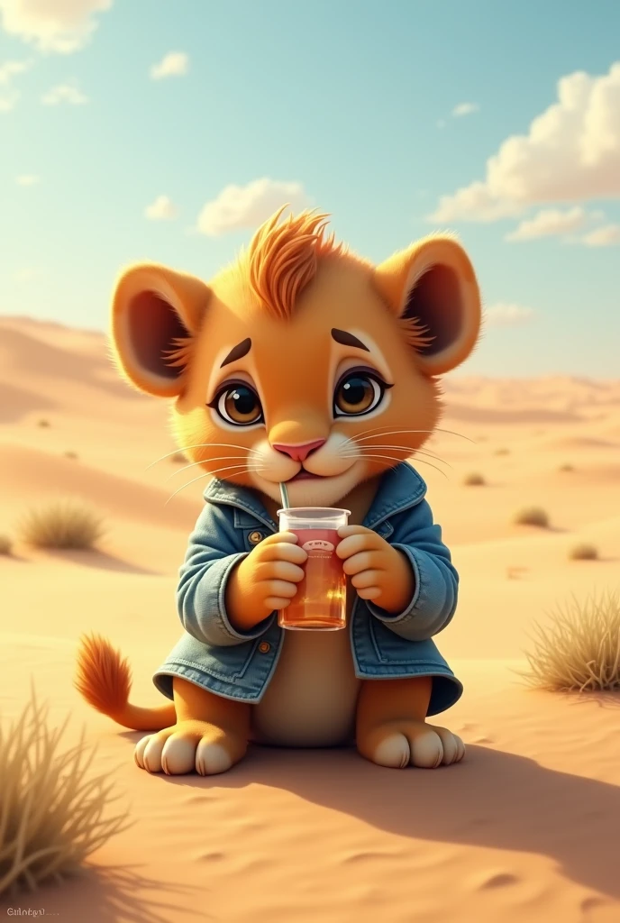 In the desert,A little lion in a denim jacket drinking a drink