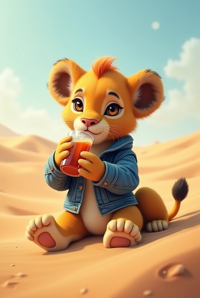 In the desert，A little lion in a denim jacket drinking a drink