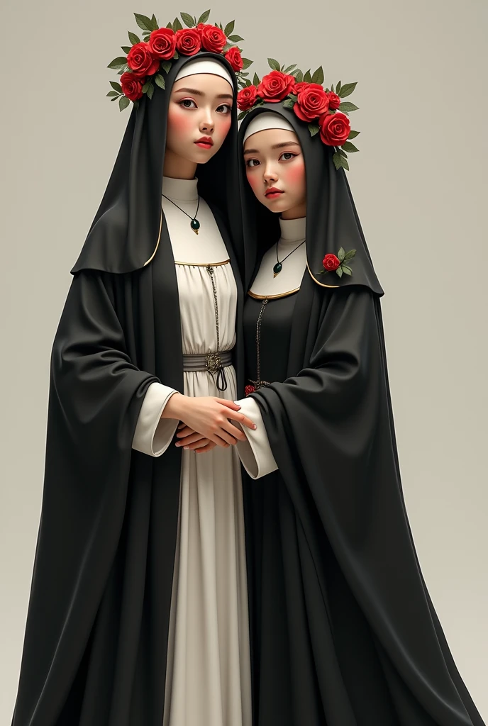 Santa Rosa de Lima Animated Add a black cloak, put more roses on her, put a white dress and a black cloak on her like a nun, put a headband of roses on her, make her more adult, MORE SERIOUS AND SHE LOOKS MORE LIKE A NUN, FRIEND, NOT SO SERIOUS, not so young, well, like a teenager, and with more roses and she looks like a nun, not so old, well, more teenage, more realistic, make her Chinese, more Peruvian, more Peruvian, add Bill next to her
