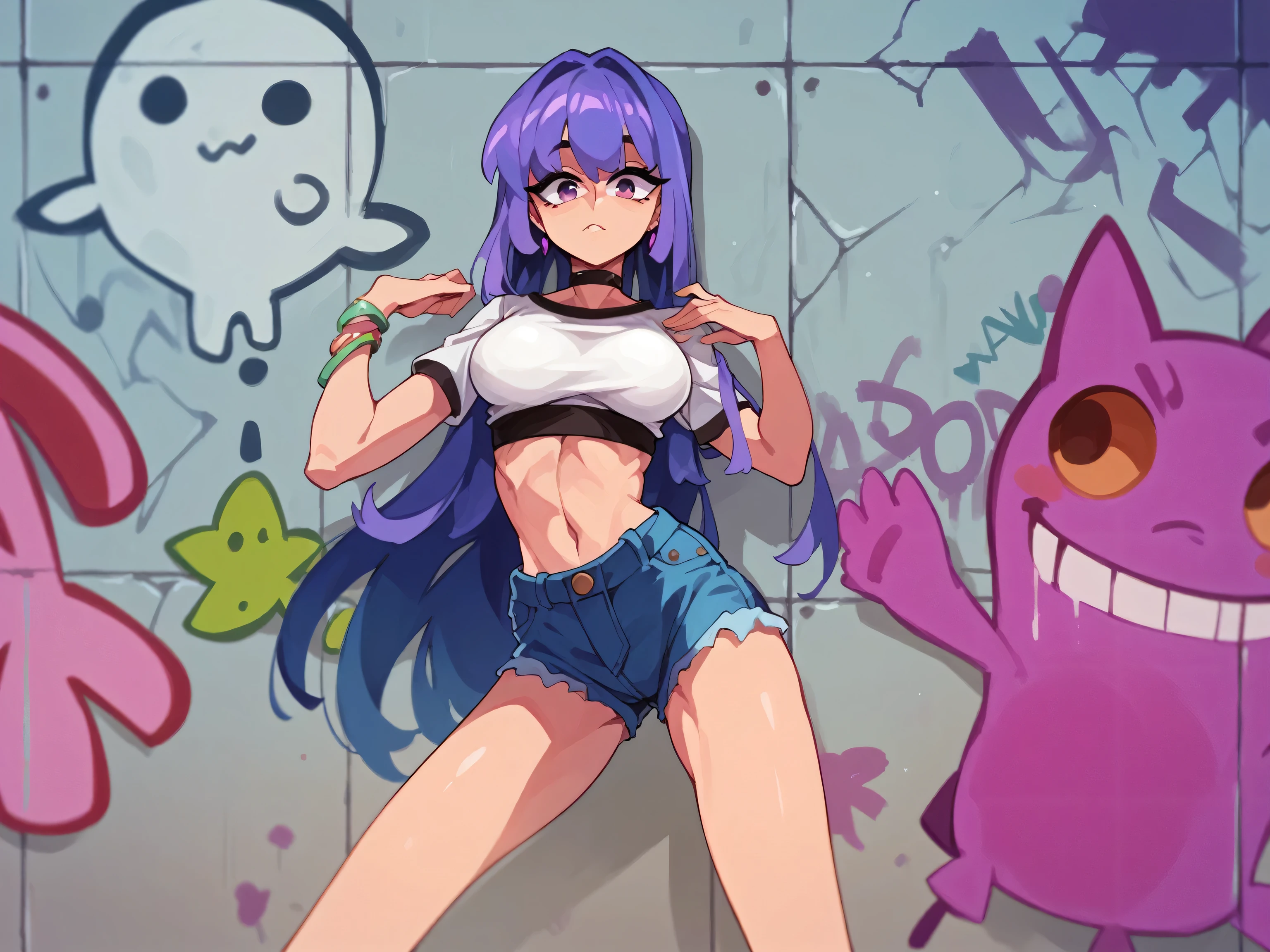 Masterpiece , Excellent quality , high resolution , 1 woman , Long Lilac Hair , White crop top , Jean Shorts , abdomen , big breasts , Long legs , hands on hips , Graffiti wall