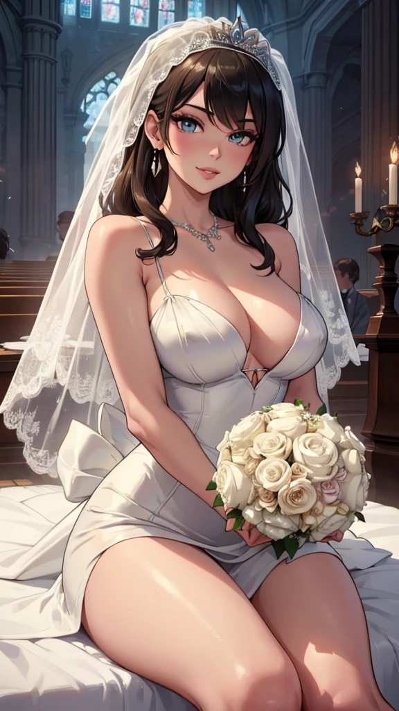 Pose: 1girl, masterpiece, highres, sonicedges_rias_gremory seated with one leg crossed over the other, slightly leaning forward with a graceful posture
Expression: Soft, confident smile with eyes looking into the camera.
Attire: Elegant ((wedding dress, bridal veil, wedding, bouquet))that complements the glamorous setting.
Hair: Styled to cascade over one shoulder, with light waves.
Makeup: Subtle yet elegant, with emphasis on the eyes and lips.
Background: A softly blurred wedding church.
Lighting: Warm, soft lighting that highlights the woman's features and adds a glow to her skin.
Accessories: Minimal, such as a pair of delicate earrings or a simple necklace.
Mood: Elegant, confident, and slightly mysterious.