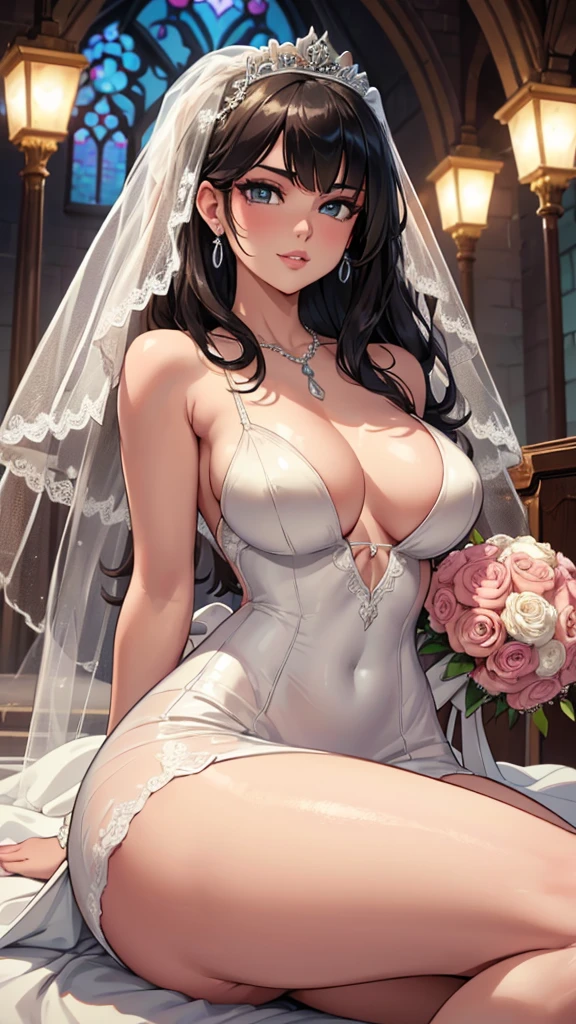 Pose: 1girl, masterpiece, highres, sonicedges_rias_gremory seated with one leg crossed over the other, slightly leaning forward with a graceful posture
Expression: Soft, confident smile with eyes looking into the camera.
Attire: Elegant ((wedding dress, bridal veil, wedding, bouquet))that complements the glamorous setting.
Hair: Styled to cascade over one shoulder, with light waves.
Makeup: Subtle yet elegant, with emphasis on the eyes and lips.
Background: A softly blurred wedding church.
Lighting: Warm, soft lighting that highlights the woman's features and adds a glow to her skin.
Accessories: Minimal, such as a pair of delicate earrings or a simple necklace.
Mood: Elegant, confident, and slightly mysterious.