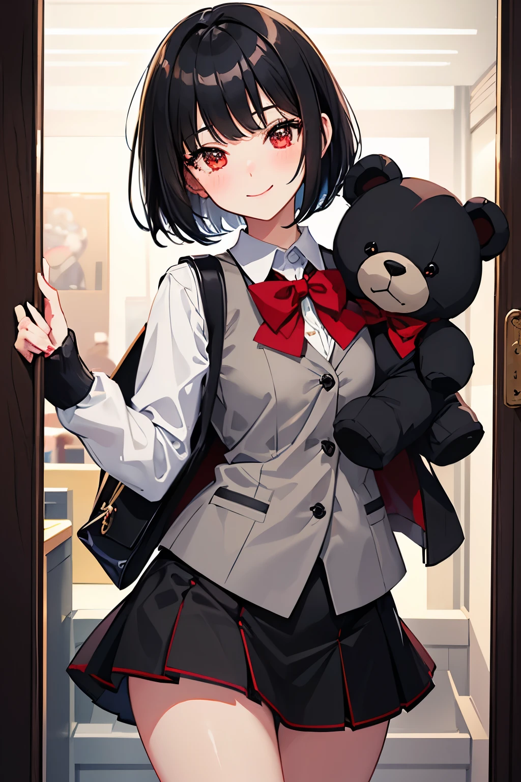 1 stunningly beautiful smiling college girl, blushing, short black hair, bob cut, wearing an Japanese school uniform, red eyes, Alice the bully, 18 yo, ((short black skirt)), red bow, ((light gray closed vest)), tightly holding a fluffy ((black teddy bear)) in a store,