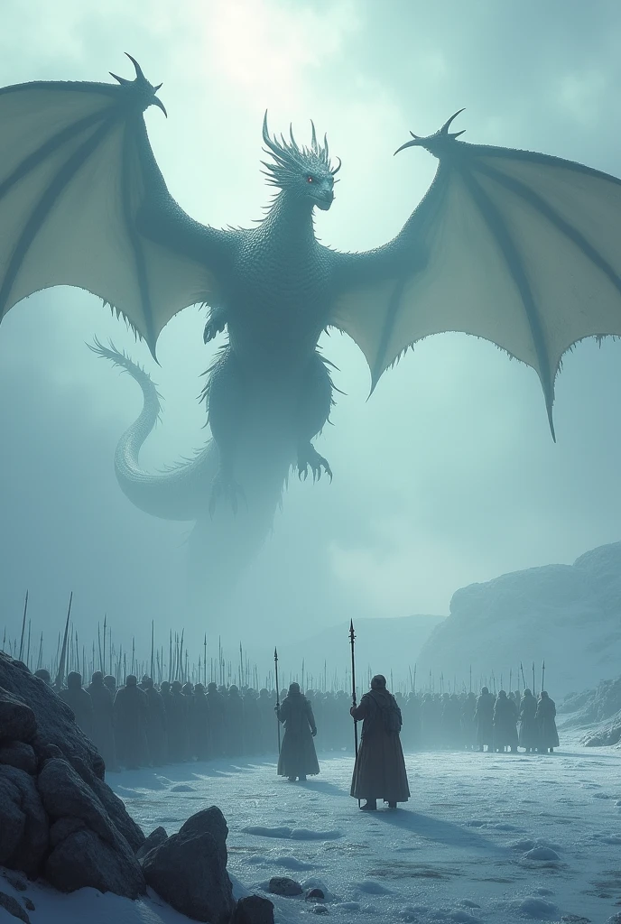Make a dragon in the mist fly over an army on ice
