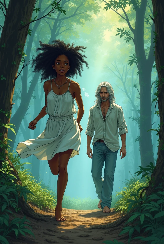 Make a visual comic(drawn) with 5 scenes, where there is a young black woman, contains it half, dark coffee laughs, white light dress, barefoot, with sea-colored eyes, running through a foggy but beautiful forest, Behind her is a white man, pale, haggard, But very handsome, With long hair, looking at her with admiration while smoking. Put some filler in the story