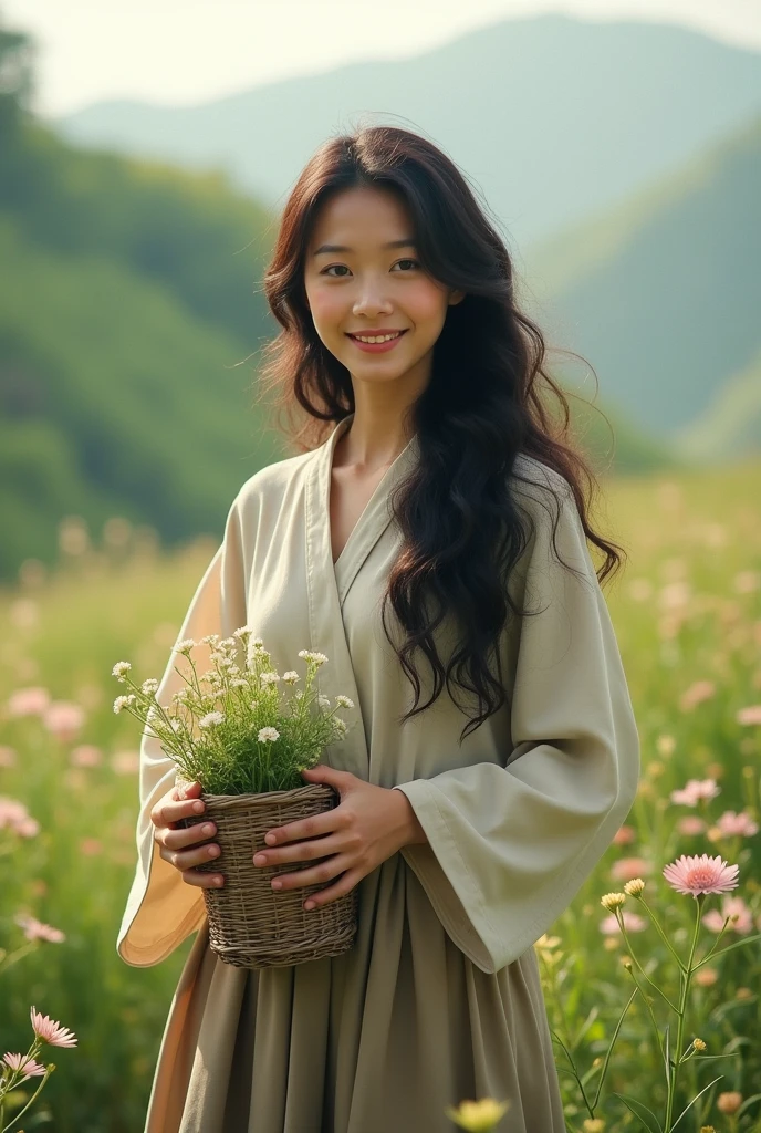 A young Asian shepherdess dressed simply, Long curly hair,Holding a small basket of flowers or herbs, Symbolizes her connection with nature.