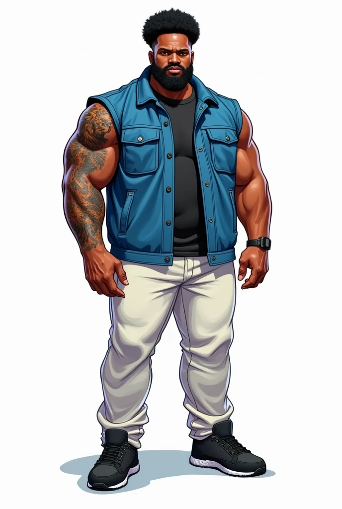 High quality drawing, bright coloured, one  men, 30years, 90 kilos, light afro descendant, short-hair, barba, Average height, very strong, tattoo of a lion on the arm, Seriously, Blue jacket, White pants, black sneakers, Apocalypse theme, fully body, white background