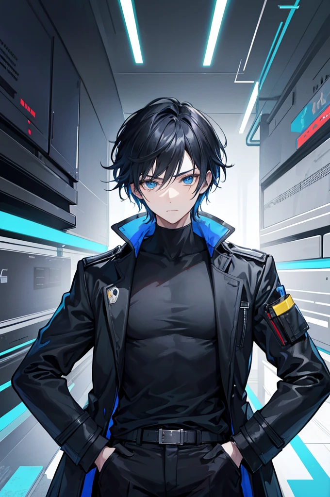 초상화, Face_through_torso, A well-groomed male protagonist with short, sleek black hair and sharp blue eyes. He has a faint smile on his face, giving off a calm and confident demeanor. He is wearing a black t-shirt underneath a white trench coat with blue neon lines running along some parts of it, reflecting a cyberpunk design. His left hand is casually tucked into the pocket of the trench coat, while his right arm hangs naturally by his side.