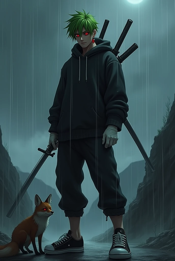 Man with green hair and yellow tips and red eyes with 2 katanas, with a black hoodie and soft black pants with white gloves, dark skin tone, but of course, with a psychopathic look, with black and white tennis shoes and 2 small knives, with a fox, with red earrings, animated style, standing posture, on a mountain at night raining