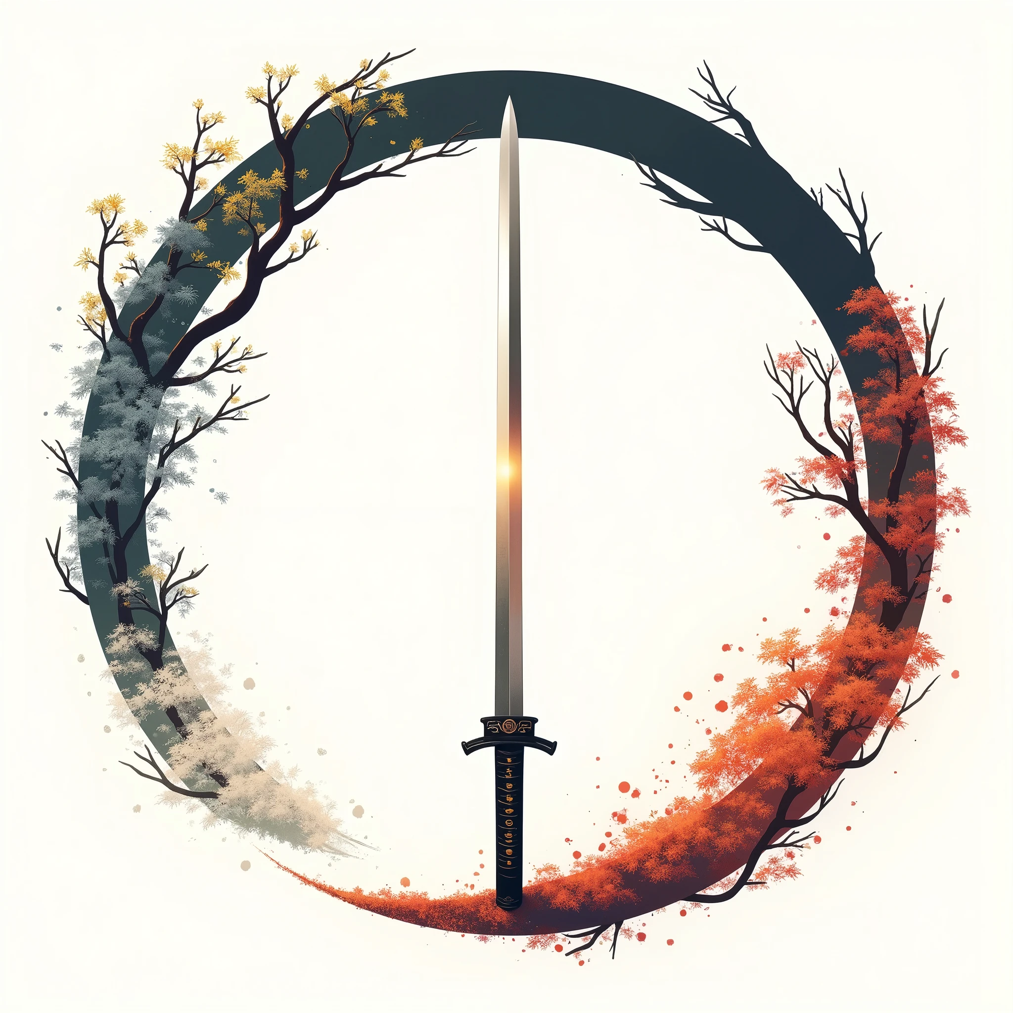 {with the text:"katana and romance":1.6},in style of ashley wood,in style of Giovanni Costa logo,Line art,{minimalist style:1.5},Extreme details, Extremely detailed, Intricate details katana ,ring composition,{the focus of the composition is on the outside of the ring:1.4},{in the middle of the ring is a large area of white space:1.4},four seasons in spring, buzzer, autumn and winter,night,Dynamic Season Display