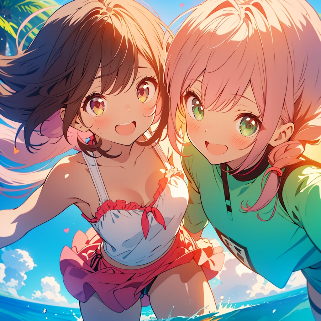 kawaii, anime, Cute, hyper quality, highly detailed, 8k, Clarity, Draw facial expressions in detail, Girl with long dark brown hair and green eyes, swimsuit, whole body, Dynamic feeling, A young girl with short light pink hair and scarlet eyes., play together, smile, water play, play with two people,  with light pink hair, highlight on eyes, 